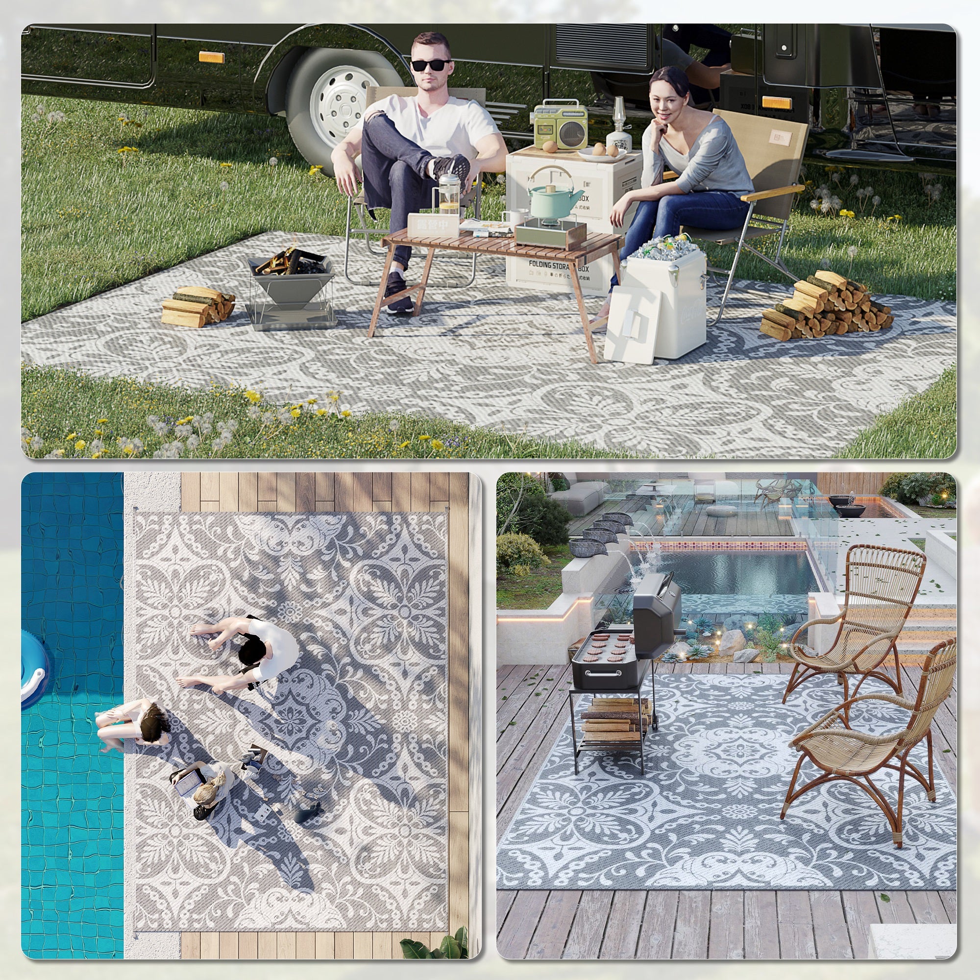 Reversible 9' x 12' Waterproof Outdoor Rug with Carry Bag for RV, Camping, Gray Outdoor Reversible Rugs   at Gallery Canada