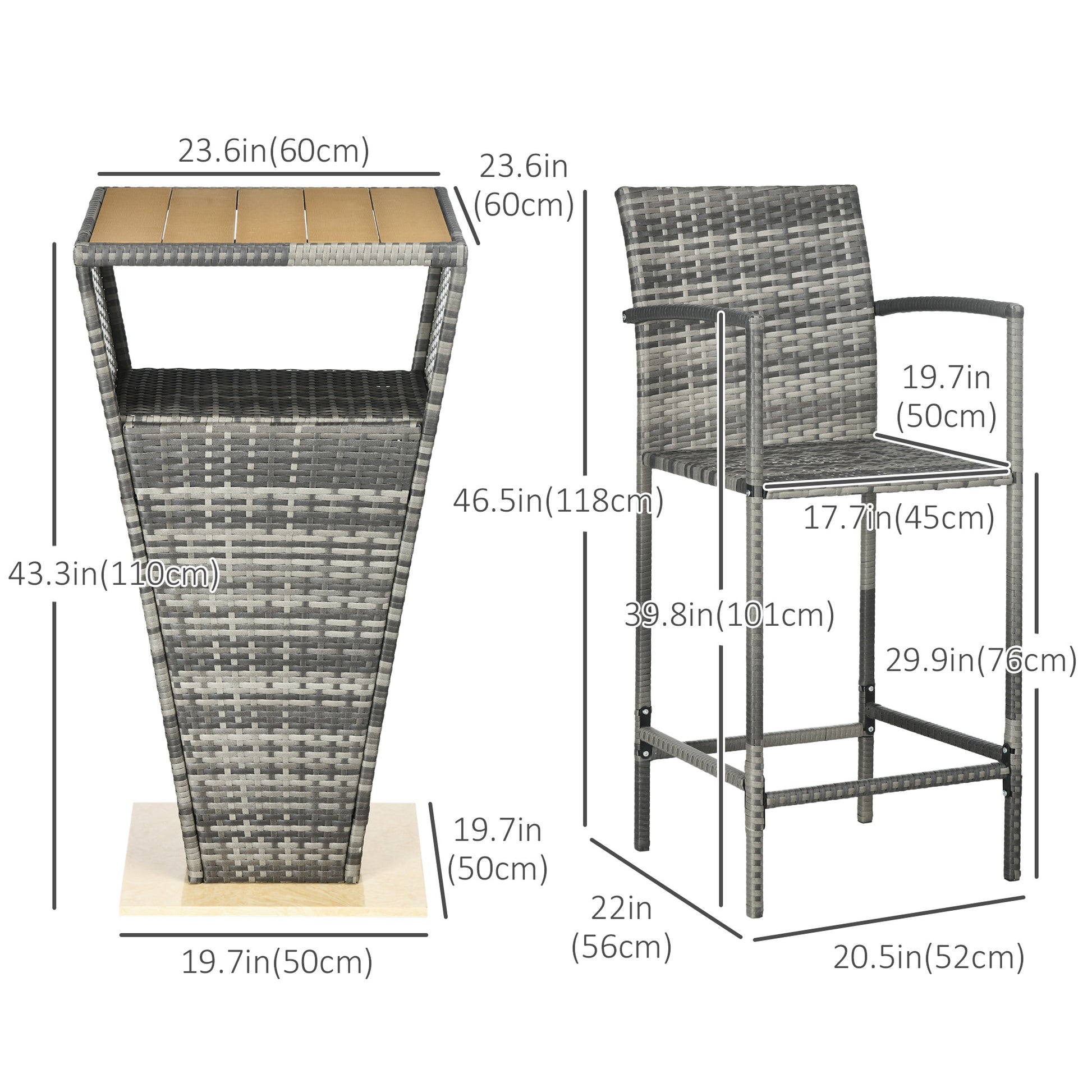 3 Pieces Patio Bar Set, Wicker Bistro Set, PE Rattan Bar Table and Chairs with Soft Padded Cushions, Storage Shelf, Wood Grain Plastic Top, Mixed Gray Bistro Sets   at Gallery Canada