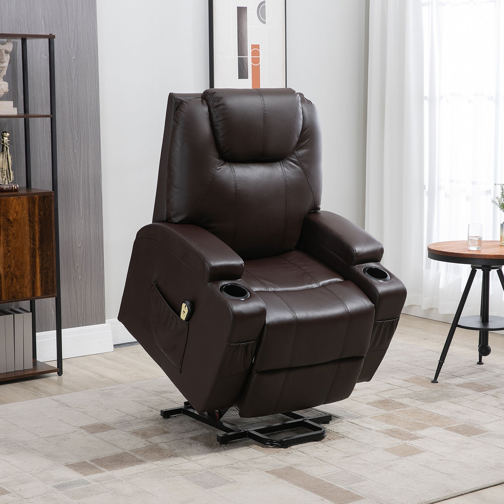 Power Lift Chair for Elderly, PU Leather Recliner Sofa Chair with Footrest, Remote Control, Side Pockets and Cup Holders, Brown Electric Power Lift Chairs   at Gallery Canada