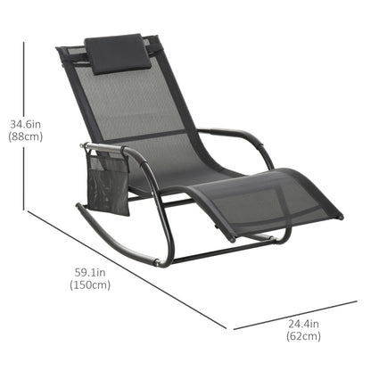 Patio Rocking Chair with Mesh Fabric, Outdoor Rocking Sling Sun Lounger with Removable Headrest and Side Pocket for Garden, Deck, Lawn, Black Outdoor Rocking Chairs   at Gallery Canada