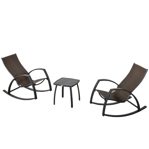 Patio Wicker Rocking Chair Set with Glass Top Table, Aluminum Frame, Brown