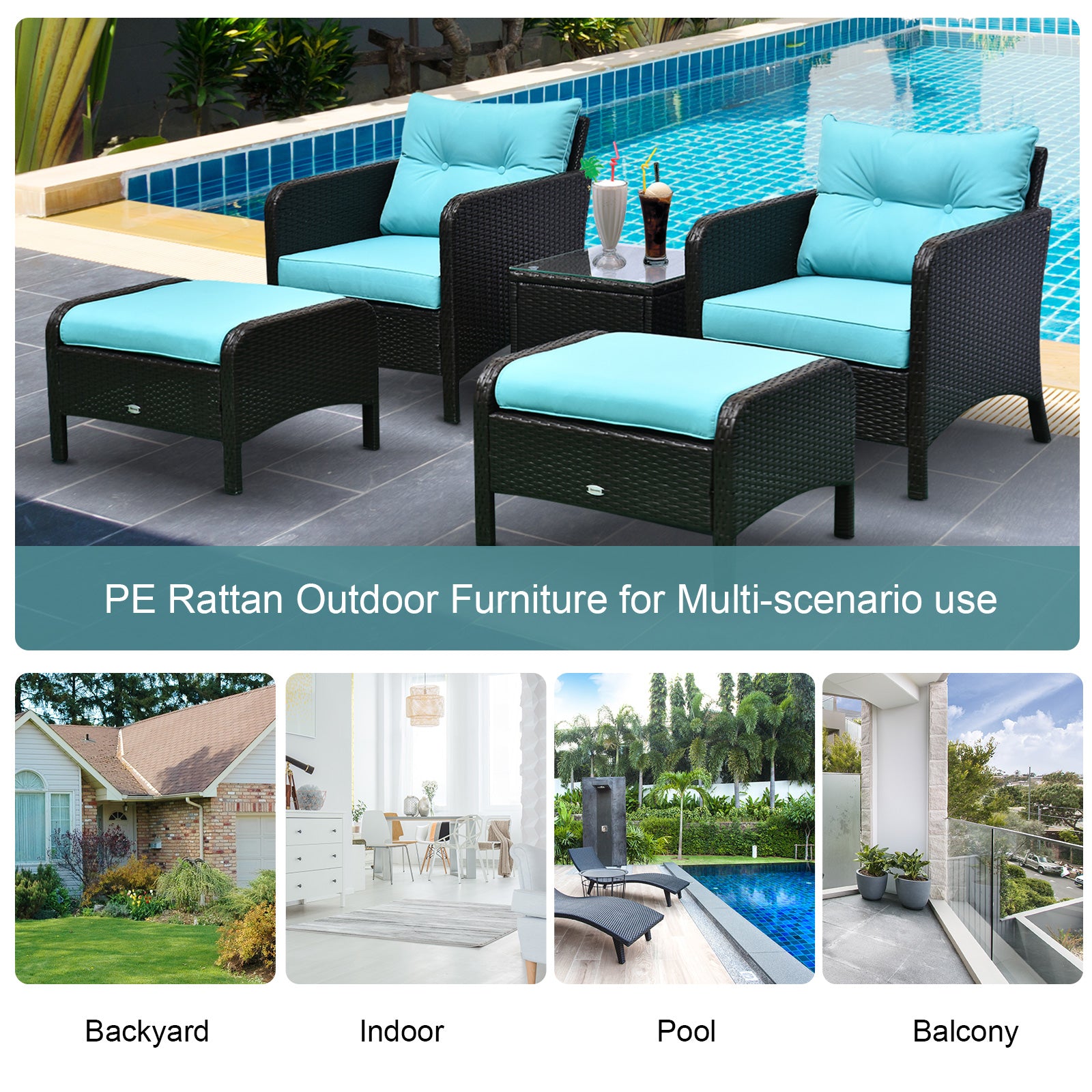 5-Piece Wicker Patio Sofa Set with Cushions, Armchairs, Footstools, Table, Light Blue Patio Furniture Sets   at Gallery Canada