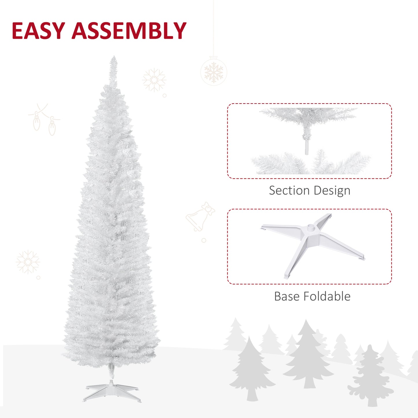 7' Pencil Christmas Tree, Slim Artificial Xmas Tree with Realistic Branches, Sturdy Metal Stand, White Pencil Christmas Trees   at Gallery Canada