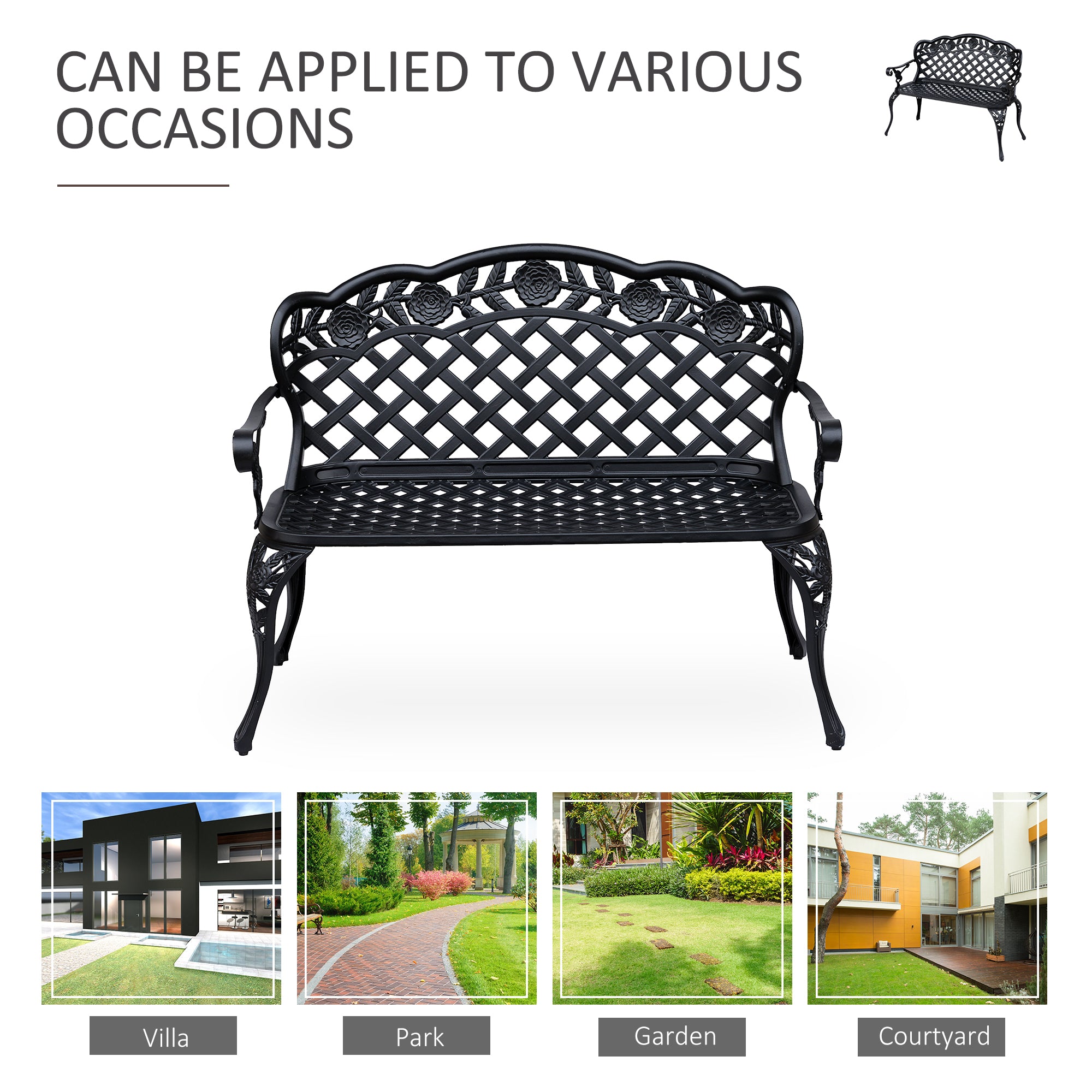 Metal Garden Bench, 2 Seater Outdoor Patio Loveseat with Armrest and Floral Scroll Backrest, 42.1