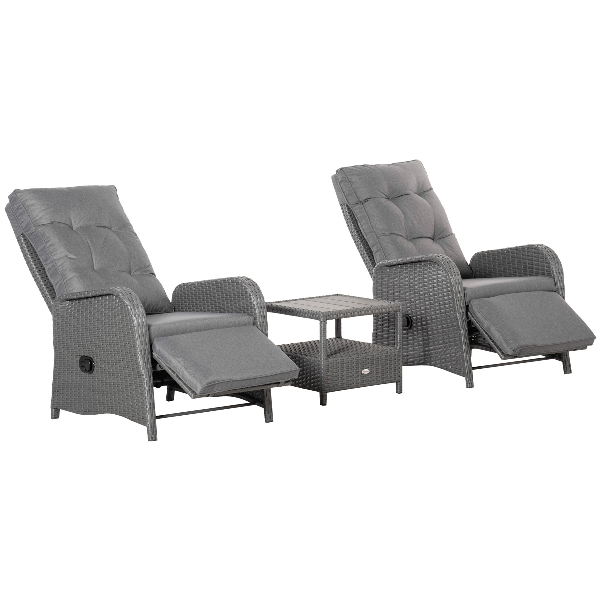 3 Pieces Patio Wicker Bistro Set, PE Rattan Coffee Table &; Adjustable Recline Chairs Furniture Set with Cushions and Wood Grain Plastic Top, Grey Bistro Sets Grey  at Gallery Canada