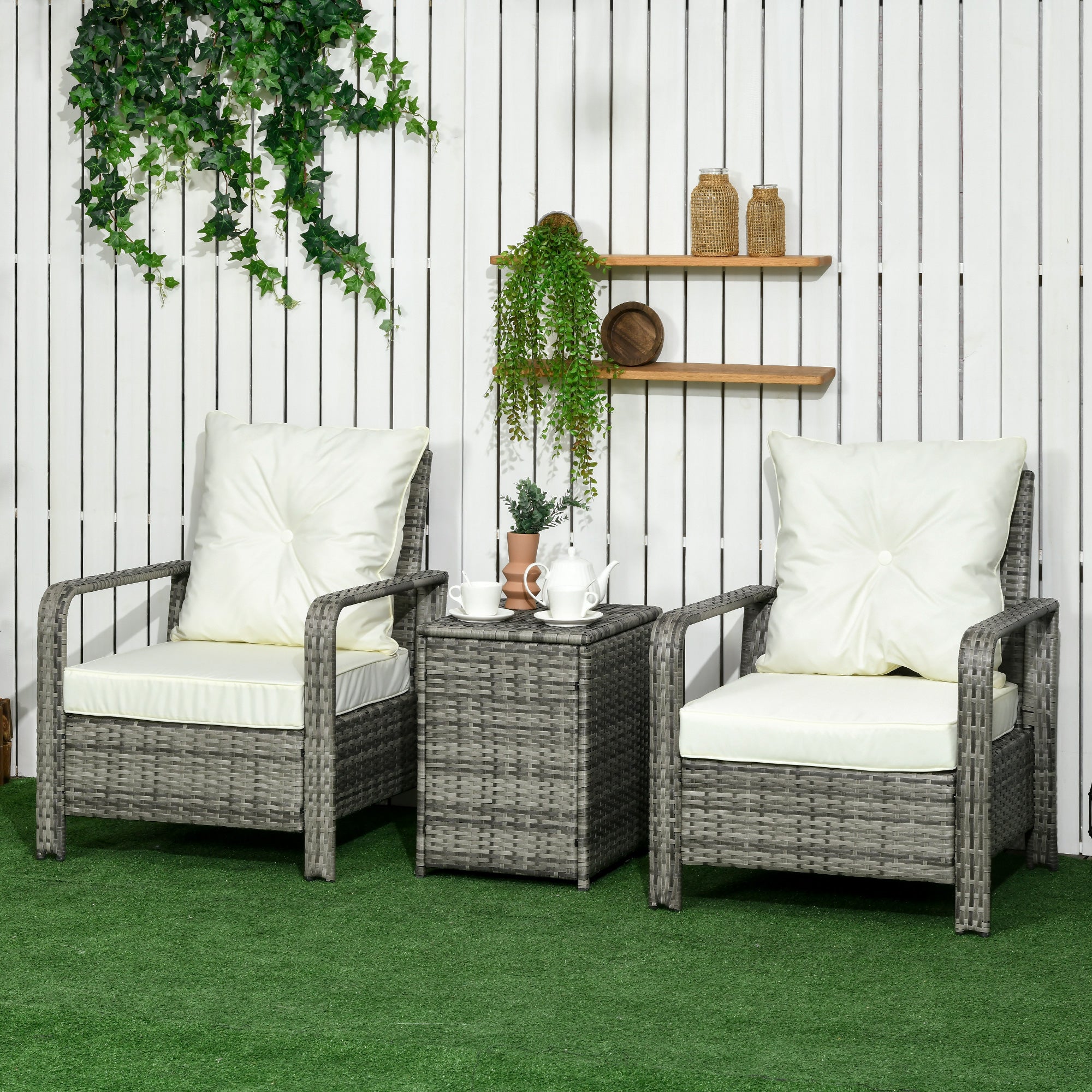 3 Pieces Patio Bistro Set with 2 Padded Chairs and 1 Storage Side Table, PE Rattan Garden Sofa Set with Removable Cushion Cover, Beige Bistro Sets   at Gallery Canada