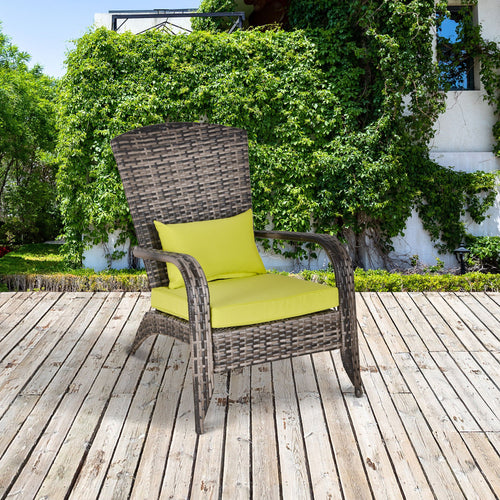 Wicker Adirondack Chair with Cushions, Tall Backrest, Armrests for Patio, Green