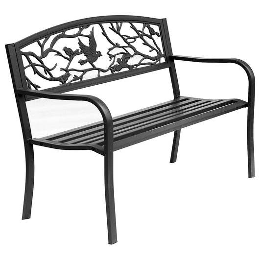 50" Garden Bench Outdoor Loveseat with Vintage Bird Pattern Cast Metal - Black Outdoor Benches Black  at Gallery Canada