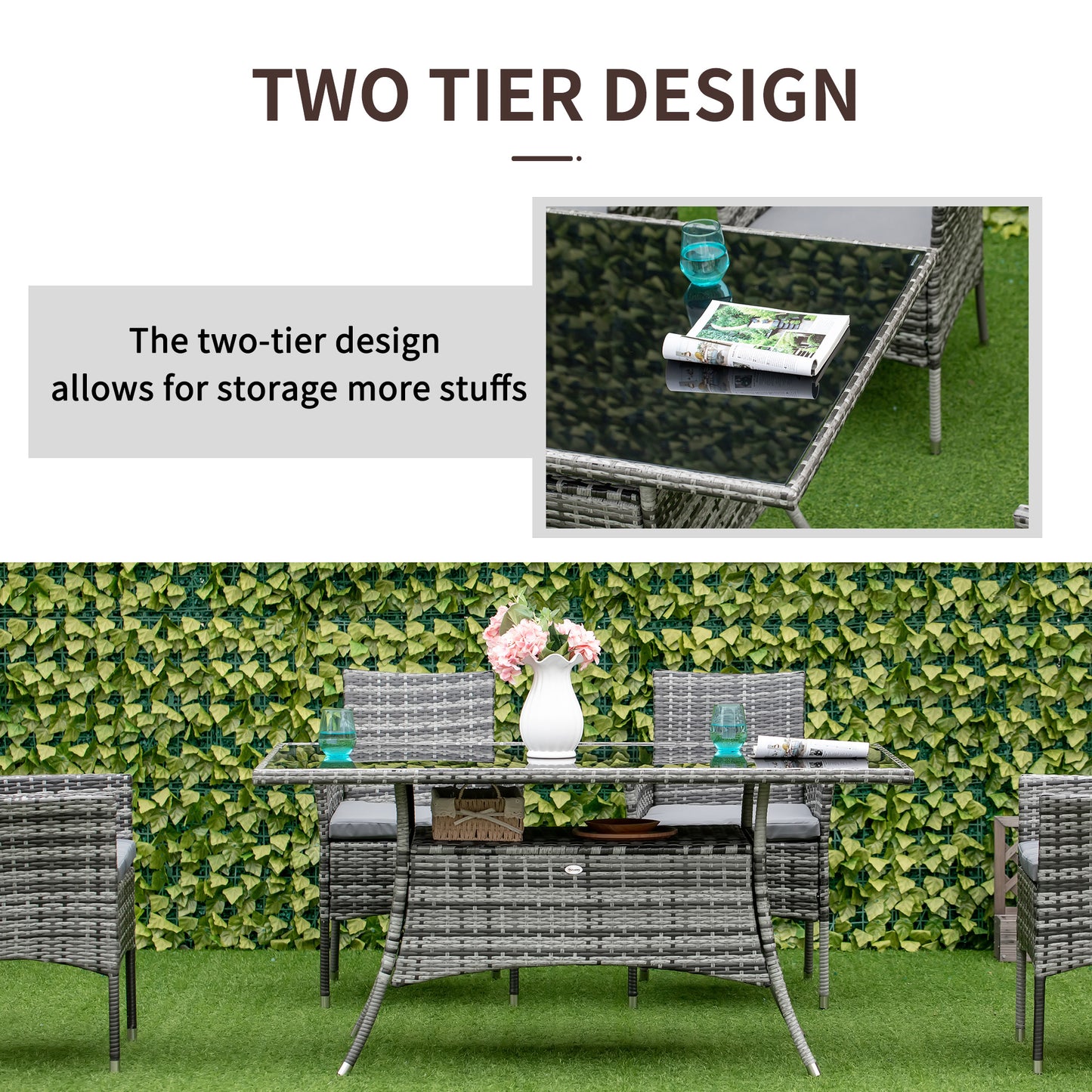 Garden Dining Table, Patio Rattan Dining Table with Glass Top, Storage Shelf for Yard, 59" x 34" x 29", Grey Outdoor Dining Sets   at Gallery Canada