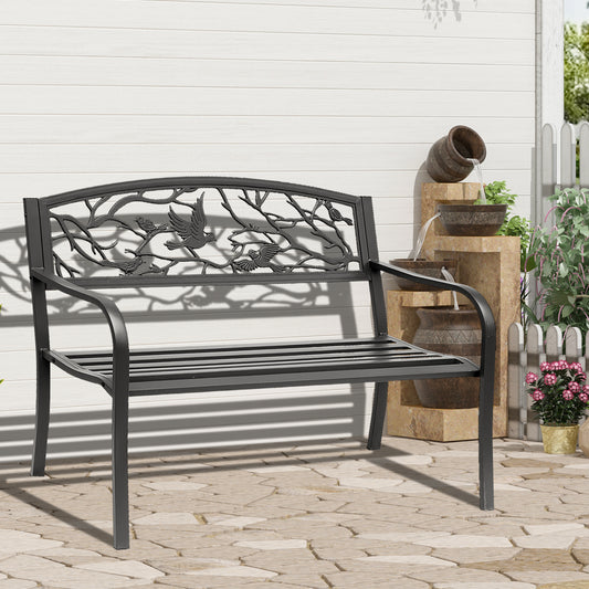 50" Garden Bench Outdoor Loveseat with Vintage Bird Pattern Cast Metal - Black - Gallery Canada