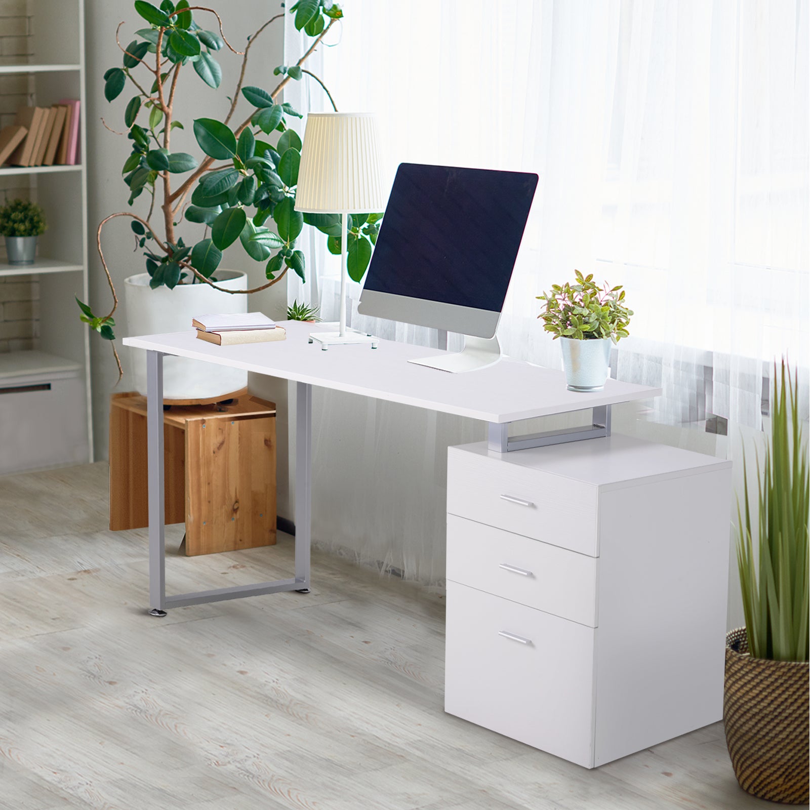 47" L Computer Desk Writing Table Workstation with Multi-Use Reversible File Drawers Metal Frame Home Office Furniture, White Writing Desks   at Gallery Canada