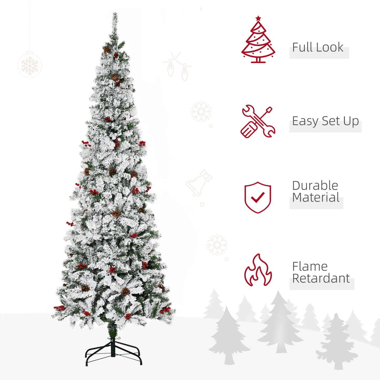 7.5 Foot Pencil Snow Flocked Artificial Christmas Tree with 950 Pine Realistic Branches, Pine Cones, Red Berries, Auto Open, Green Pencil Christmas Trees   at Gallery Canada