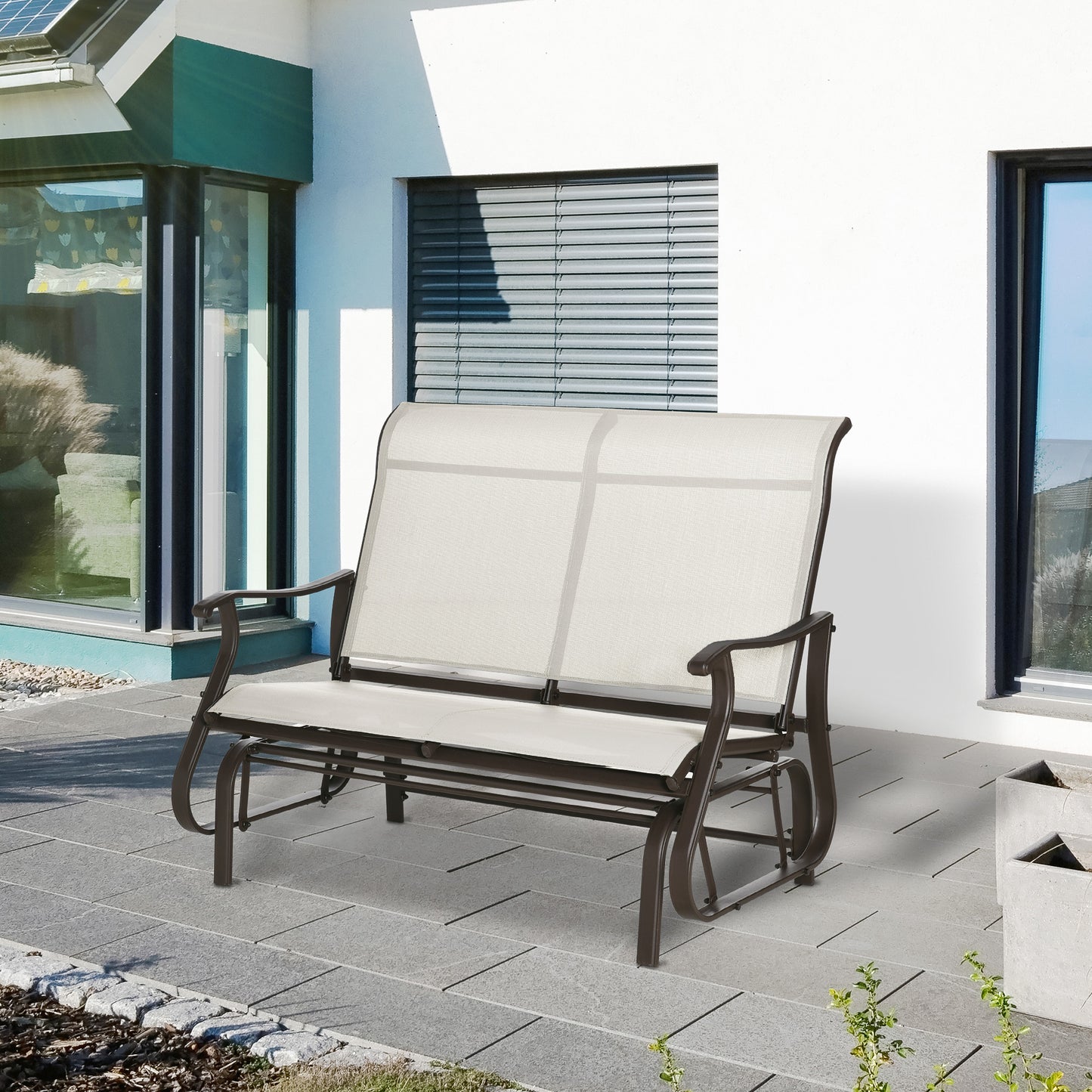 Garden Double Gliding Chair, Patio Glider Armchair for Outdoor, Backyard Mesh Seat and Backrest, Steel Frame Cream White Outdoor Gliders   at Gallery Canada