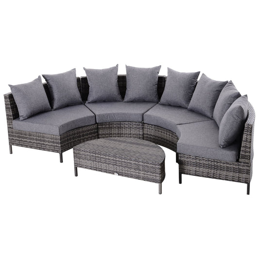 5PC Patio Furniture Set Outdoor Garden Rattan Wicker Sofa Cushioned Half-Moon Seat Deck with Pillow, Table, Grey - Gallery Canada