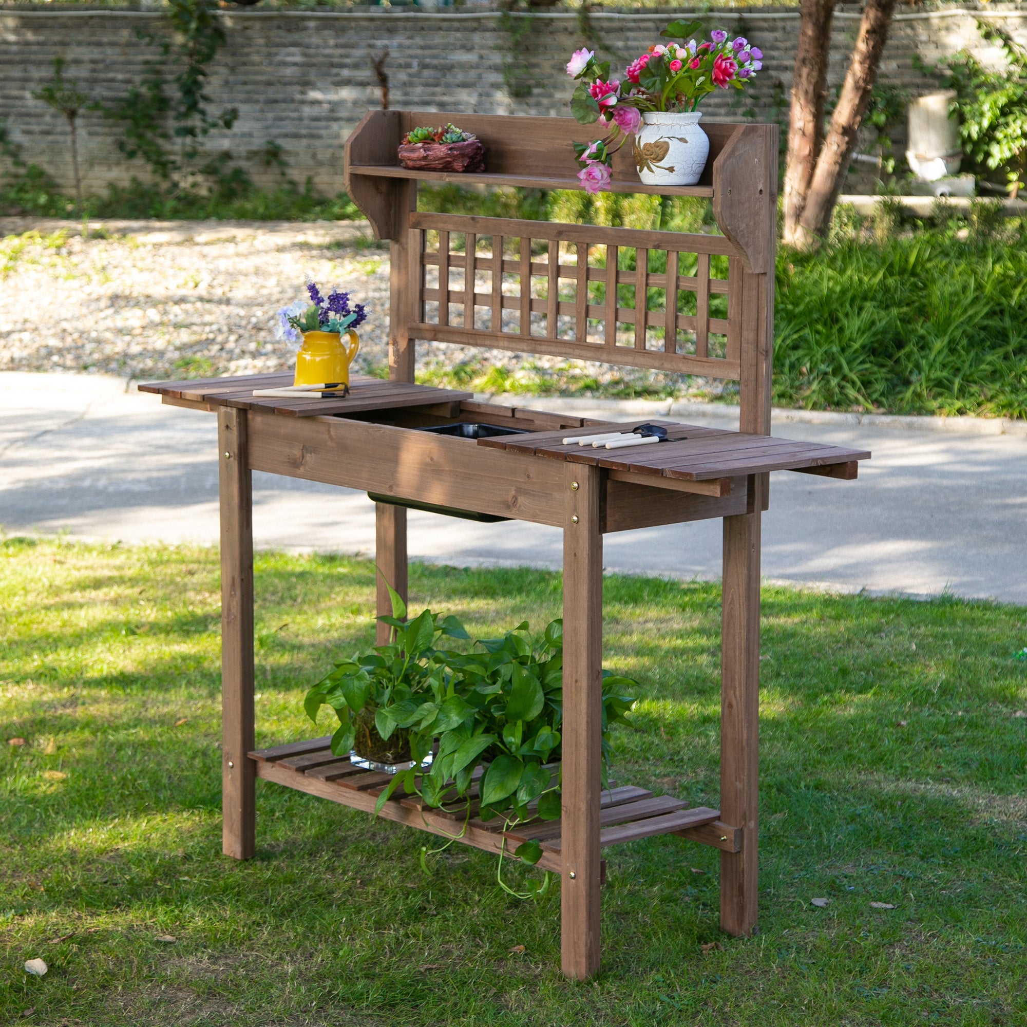 39'' x 18'' x 55'' Wooden Garden Potting Table with Clapboard Plant Work Bench Workstation Outdoor, Brown Potting Benches & Tables   at Gallery Canada