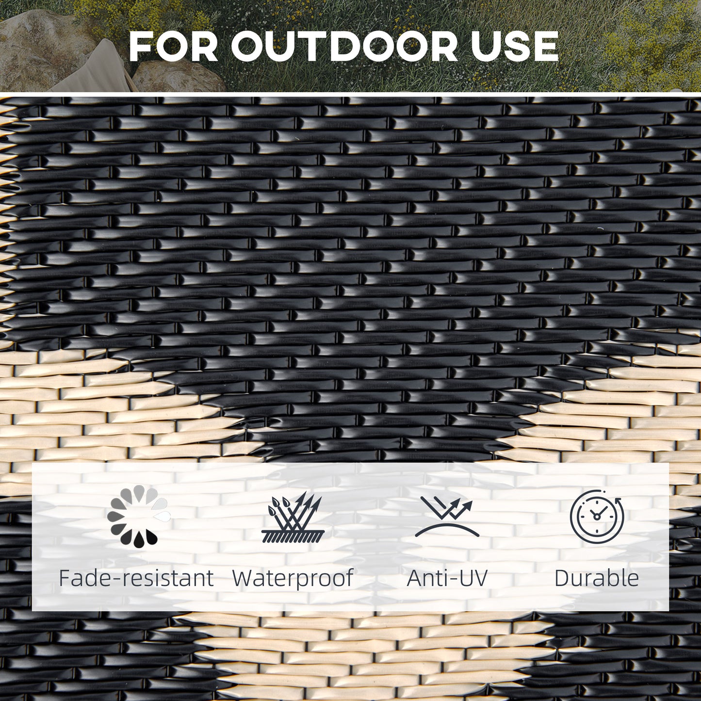 Reversible Outdoor RV Rug, 9' x 18' Patio Floor Mat, Plastic Straw Rug for Backyard, Deck, Picnic, Beach, Camping, Black and Beige Outdoor Reversible Rugs   at Gallery Canada