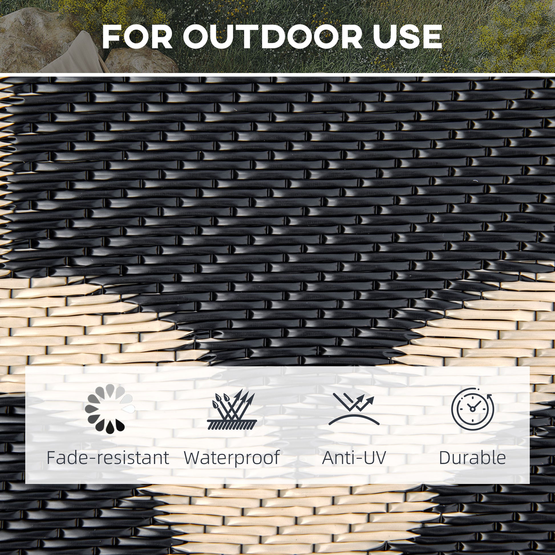 Reversible Outdoor RV Rug, 9' x 18' Patio Floor Mat, Plastic Straw Rug for Backyard, Deck, Picnic, Beach, Camping, Black and Beige - Gallery Canada