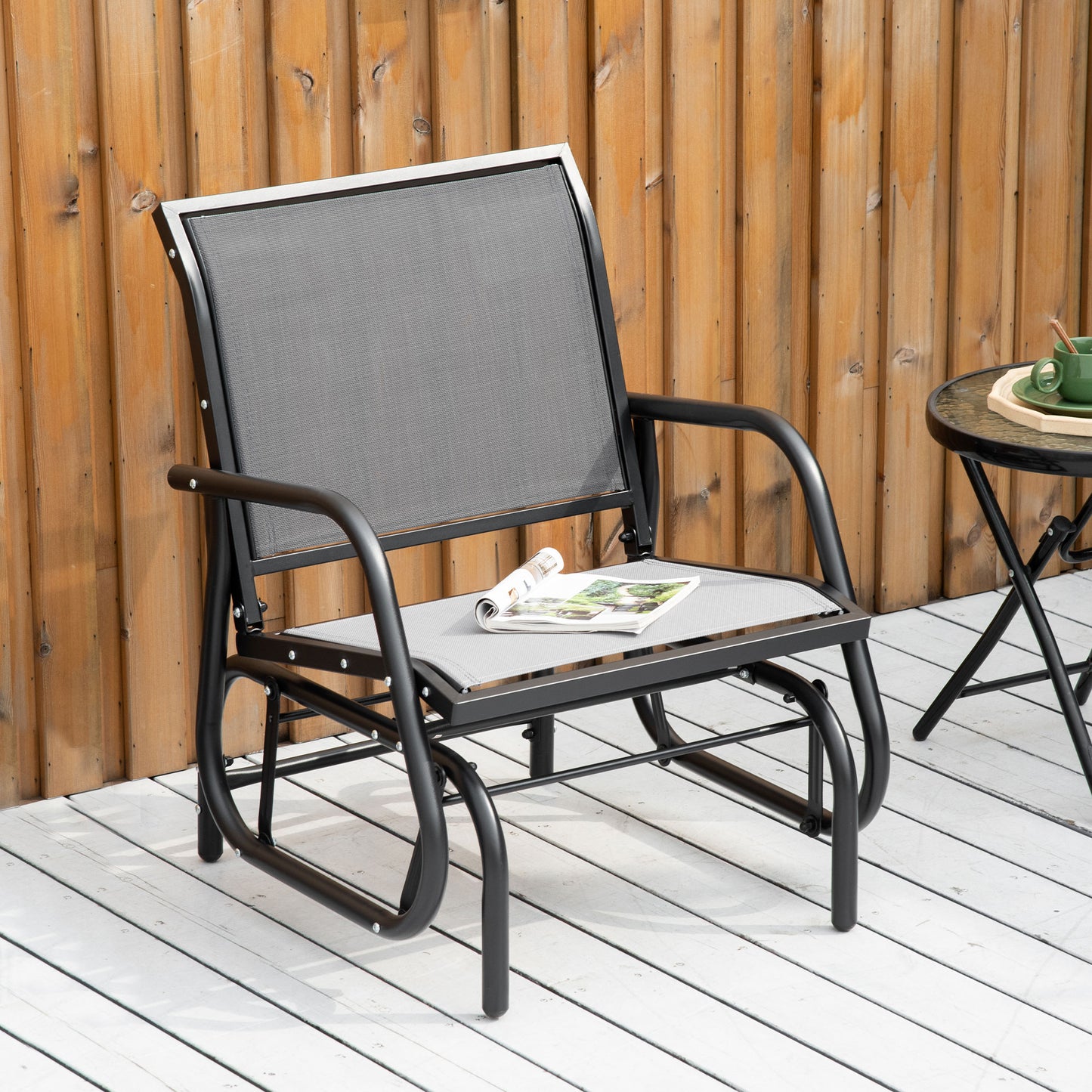 Breathable Mesh Patio Glider with Metal Frame and Curved Armrests, Light Grey Outdoor Gliders   at Gallery Canada