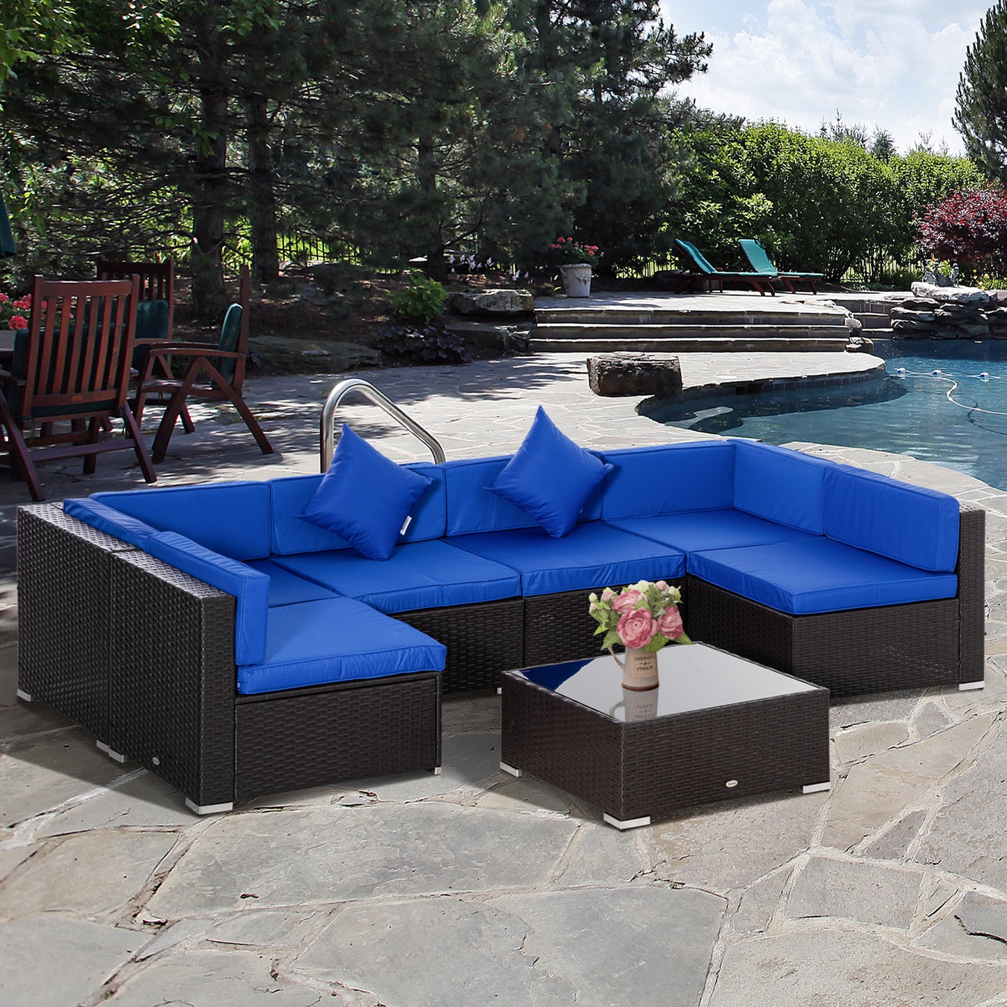 7 Pieces Outdoor Rattan Furniture Set, Patio Wicker Sectional Conversation Sofa Set, Blue Patio Furniture Sets   at Gallery Canada