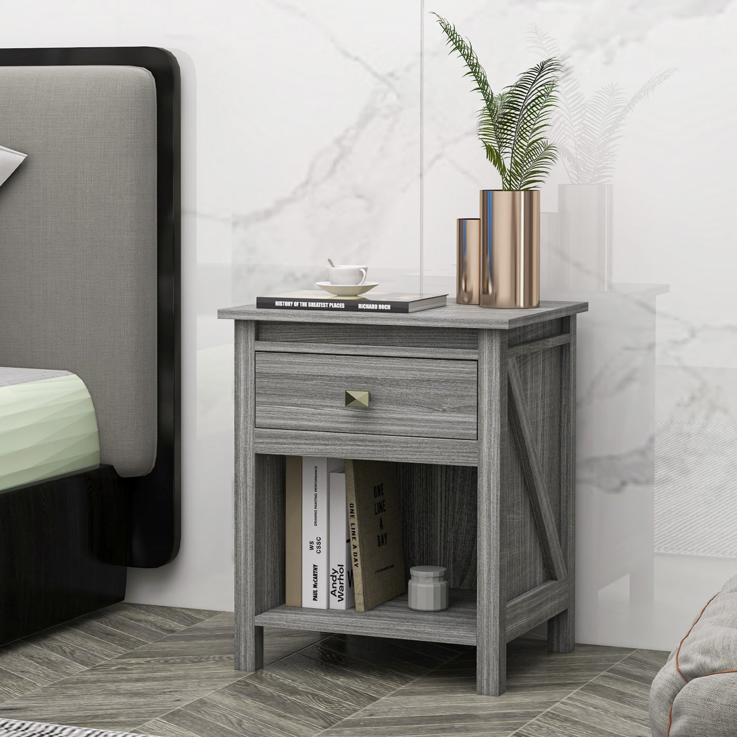 Bedside Table, Farmhouse Nightstand with with Drawer and Storage Shelf, Night Table for Bedroom, Grey Bedside Tables   at Gallery Canada