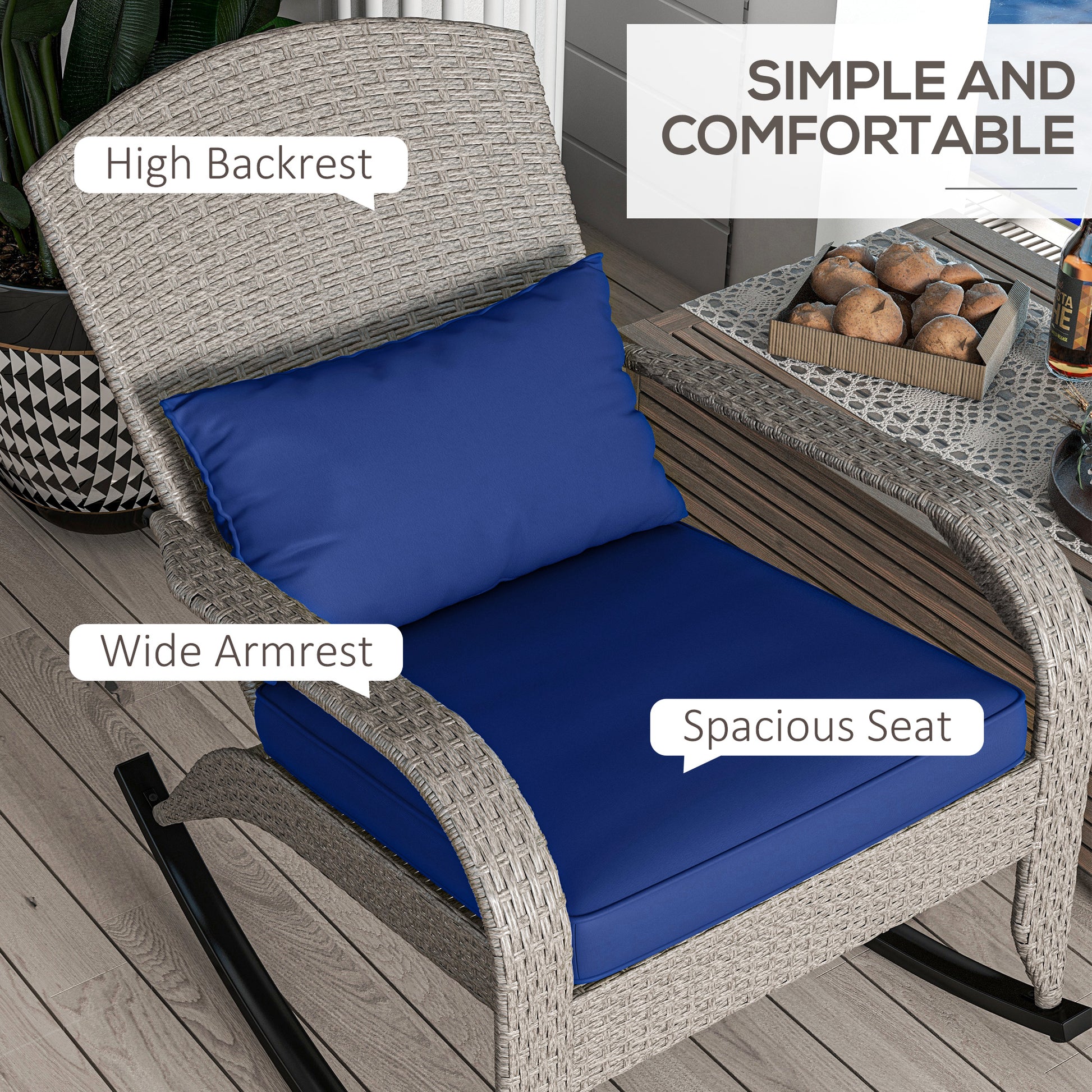 Adirondack Chair, Outdoor Wicker Rocking Chair with High Back, Seat Cushion and Pillow for Porch, Balcony, Dark Blue Patio Chairs   at Gallery Canada