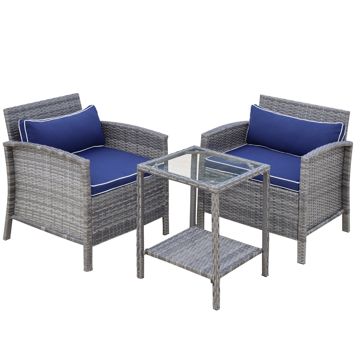 3 Pieces Patio Wicker Coffee Table Set Bistro Conversation Furniture with Cushion for Patio Yard Porch Blue Bistro Sets Multi Colour  at Gallery Canada