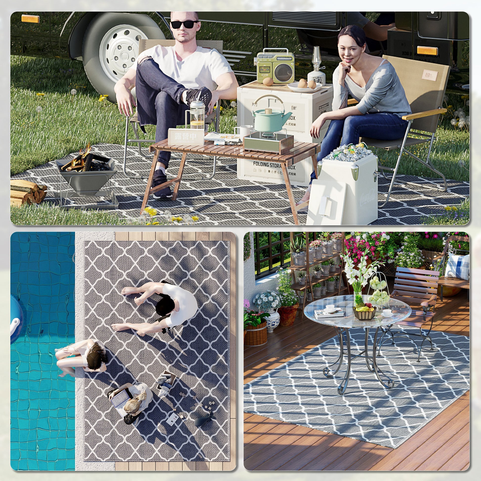 Waterproof Outdoor Rug, 6' x 9' RV Rug Reversible Mat for Backyard, Deck, Picnic, Beach, Camping, Grey &; White Net - Gallery Canada