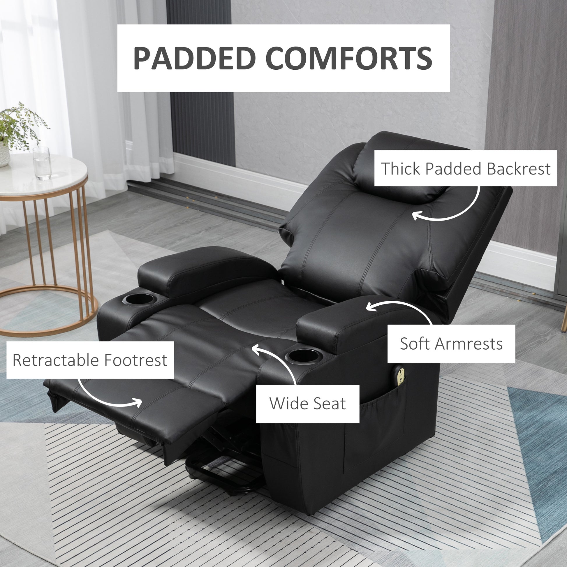 Power Lift Chair for Elderly, PU Leather Recliner Sofa Chair with Footrest, Remote Control, Side Pockets and Cup Holders, Black Electric Power Lift Chairs   at Gallery Canada