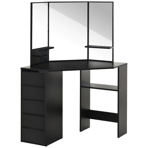 Corner Vanity Table, Makeup Desk with Tri-Fold Mirror and 5 Drawers, Black