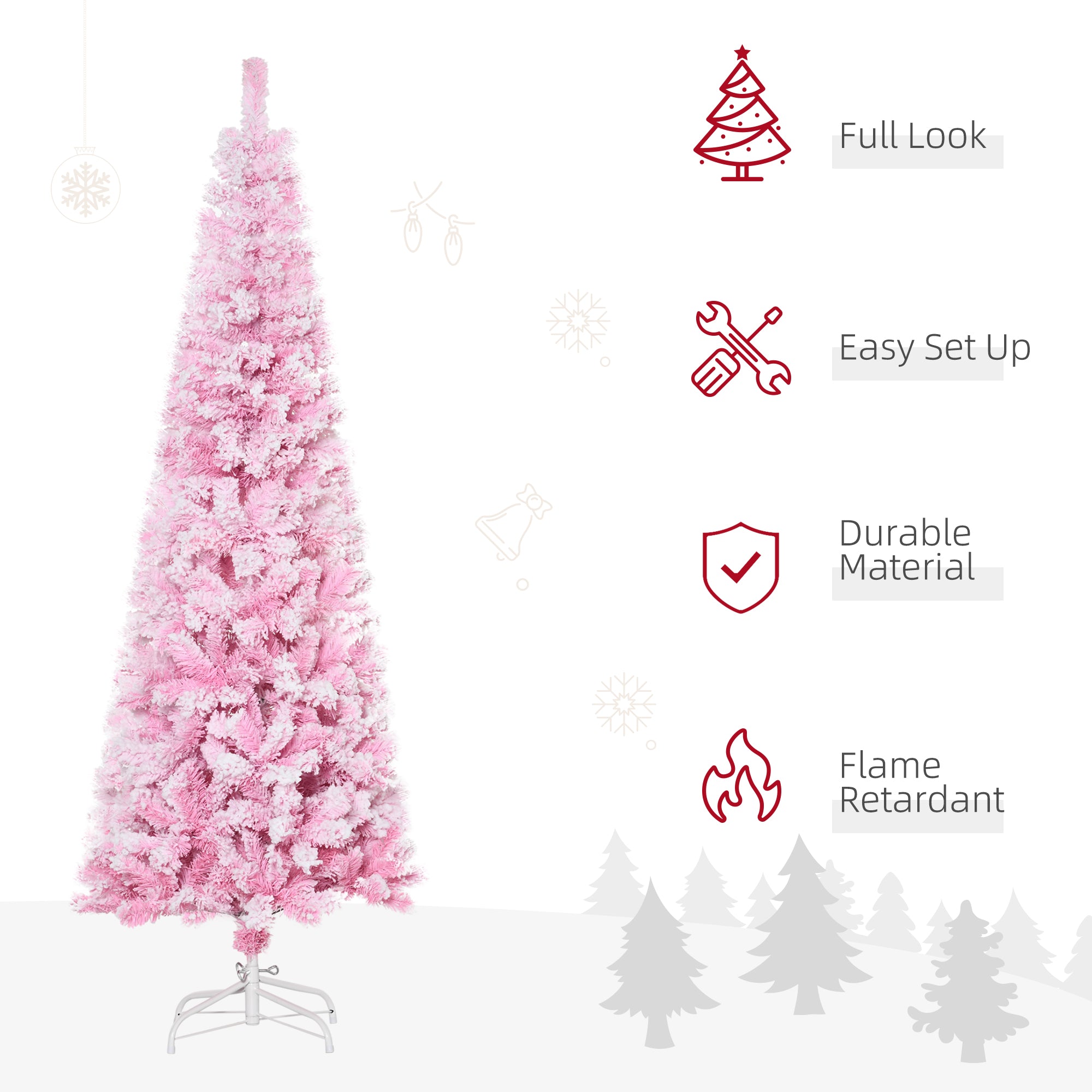 6 FT Snow Flocked Artificial Christmas Tree, Pencil Xmas Tree with Realistic Branches, Auto Open and Steel Base, Pink Artificial Christmas Trees   at Gallery Canada