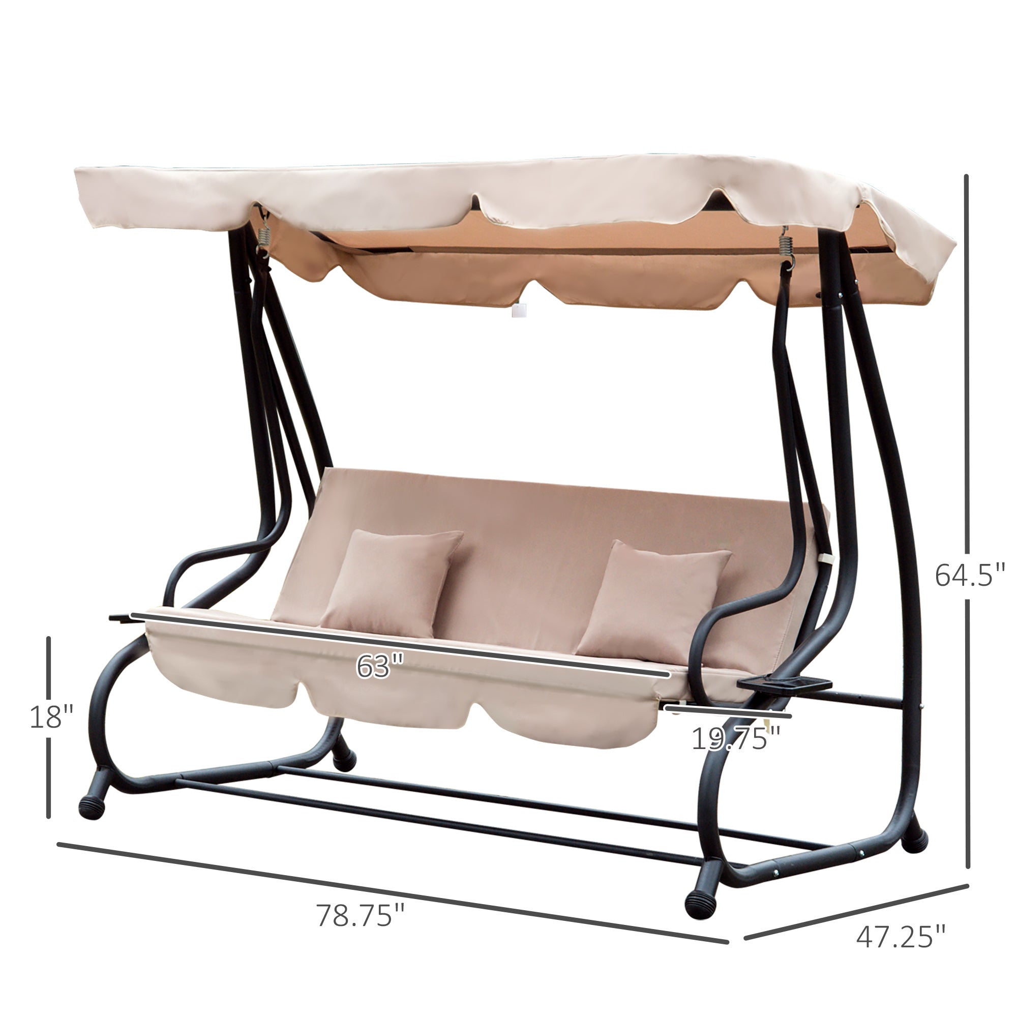 3-Seat Outdoor Patio Swing Chair, Converting Flat Bed, Canopy Swing with Adjustable Shade, Removable Cushions, Cup Holder, Light Brown Porch Swings with Canopy   at Gallery Canada