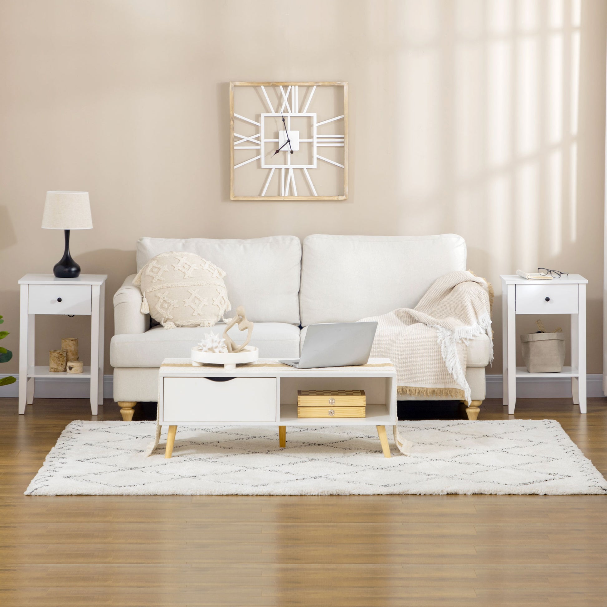 Side Table Set of 2, End Tables with Drawer and Bottom Shelf, 2-tier Nightstand for Bedroom, Living Room, White Side Tables   at Gallery Canada