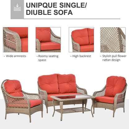 Wicker 4-Piece Outdoor Sofa Set with Cushions and Glass Tabletop, Khaki & Red Patio Furniture Sets   at Gallery Canada