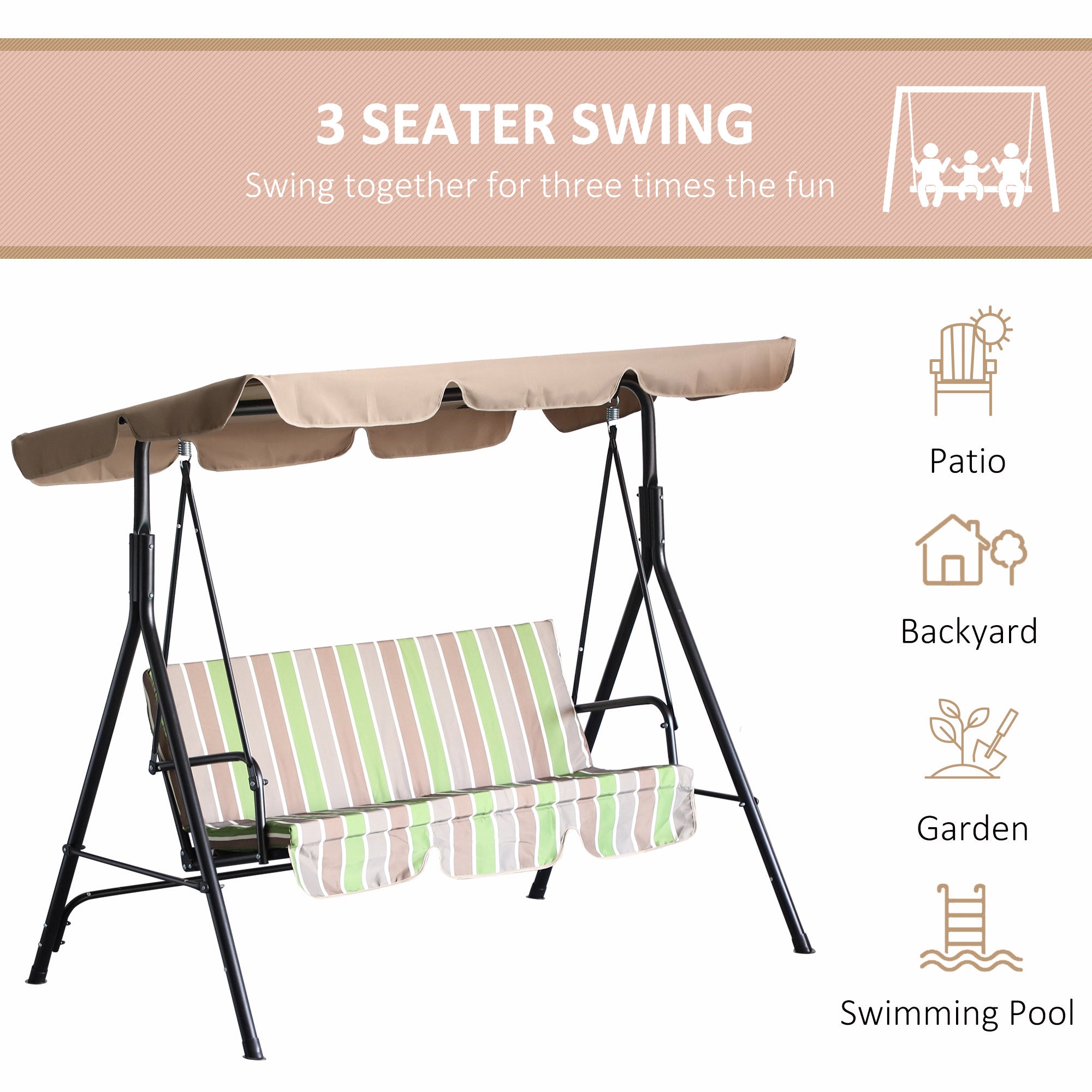 3-Seat Outdoor Swing Chair with Adjustable Canopy, Removable Cushion, Weather-Resistant Frame, Green Stripes Patio Swings with Stand   at Gallery Canada