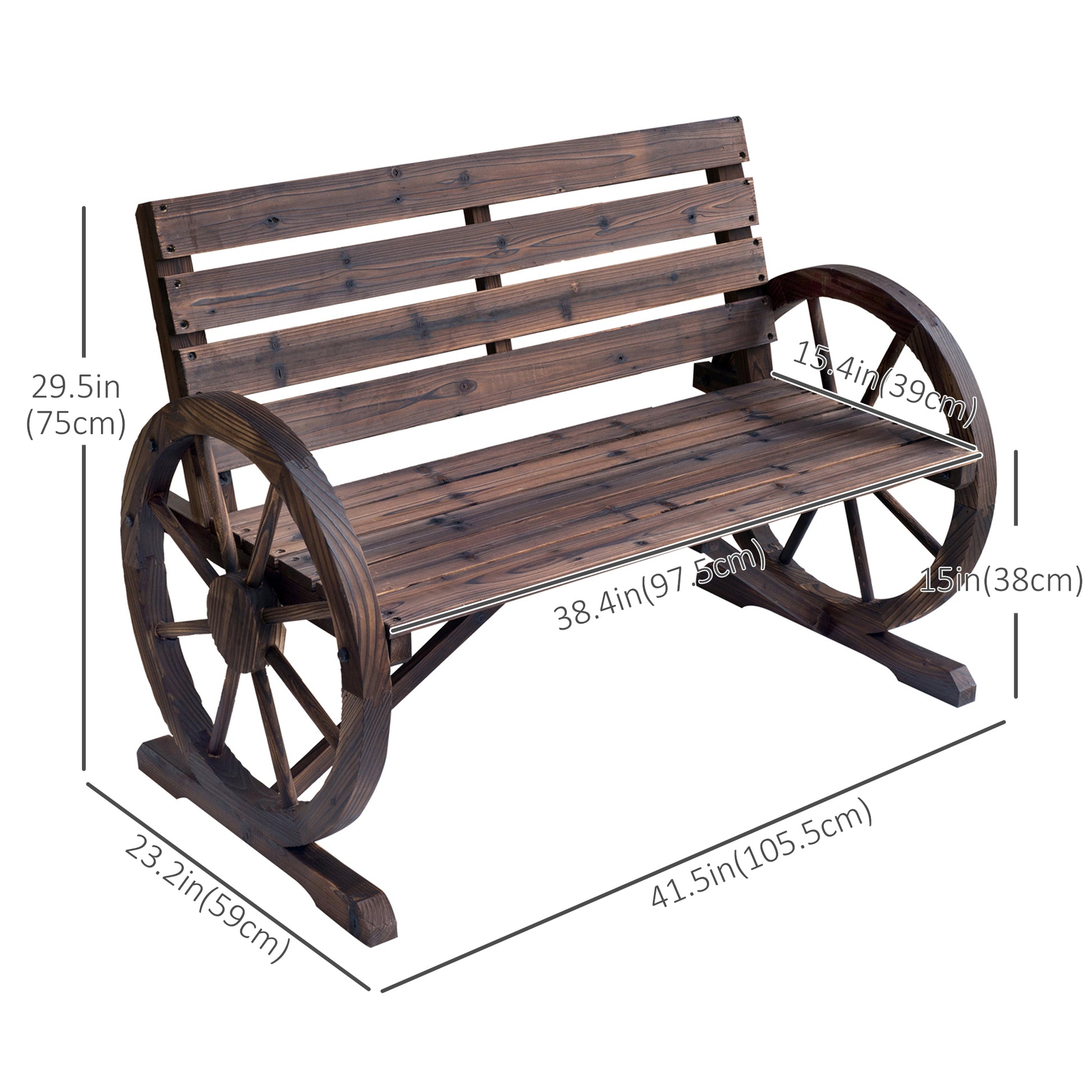 42" Wood Wagon Wheel Bench Garden Loveseat Rustic Seat Relaxing Lounge Chair Outdoor Decorative Seat Park Decor, Brown Outdoor Benches Carbonized  at Gallery Canada