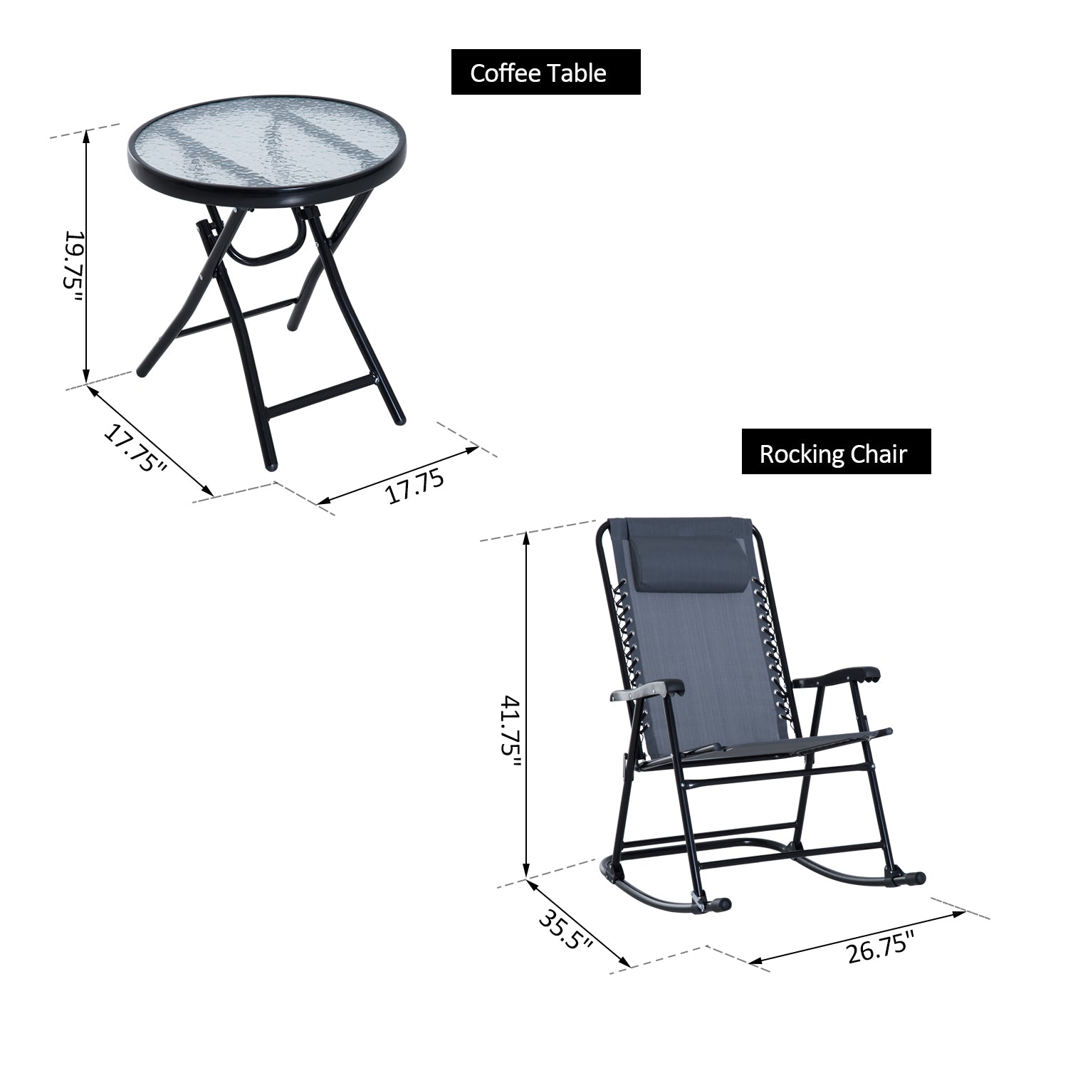 Foldable 3pc Patio Rocking Chair Set with Table, Mesh Seat & Padded Headrest, Grey Outdoor Rocking Chairs   at Gallery Canada