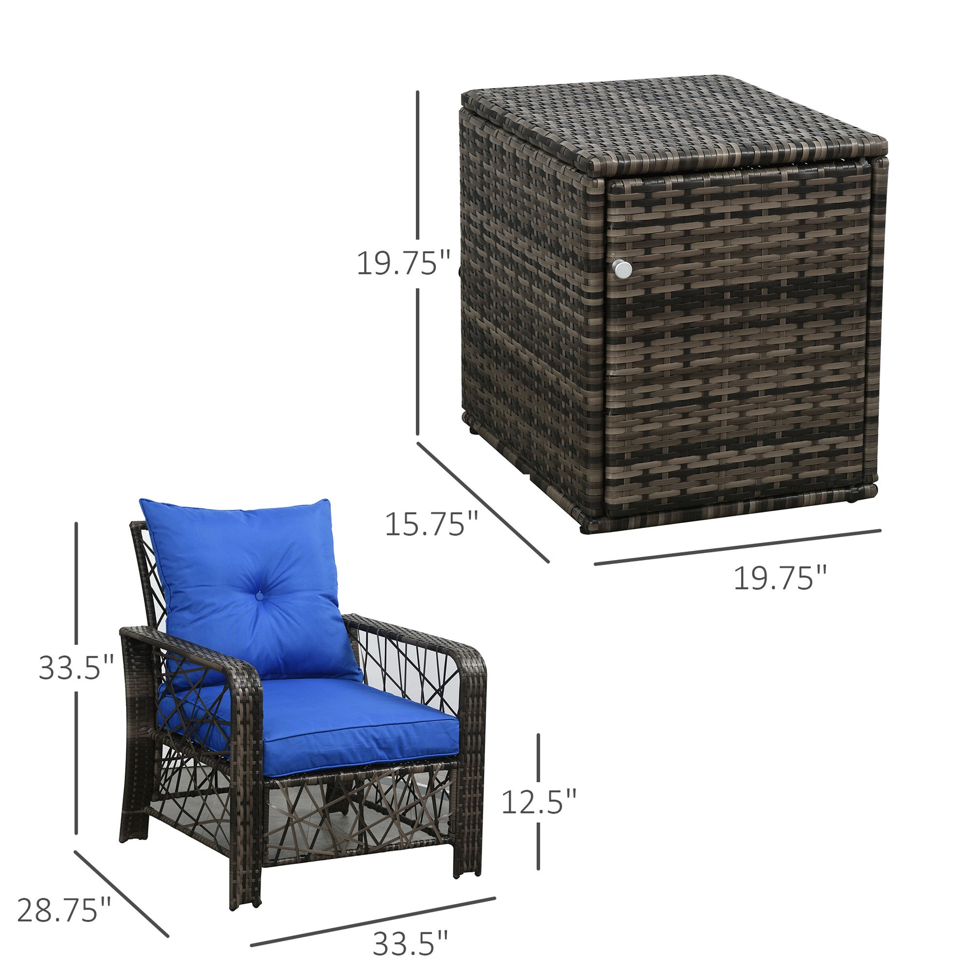 Deluxe 3-Piece Rattan Patio Furniture Set with Cushions & Storage, Blue Bistro Sets   at Gallery Canada