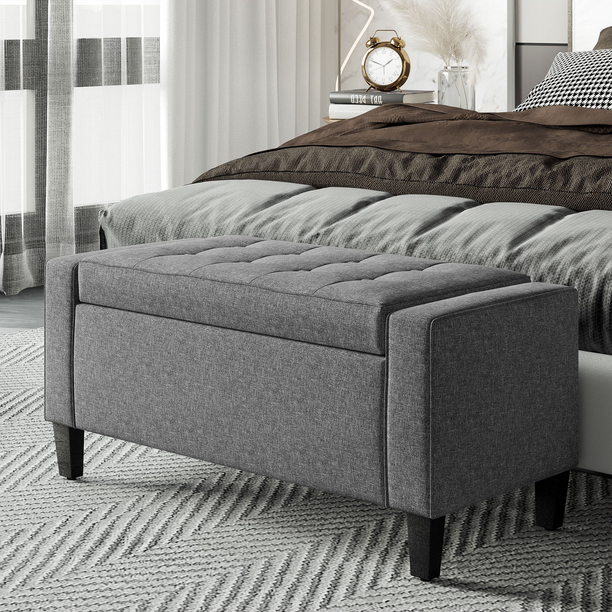 Storage Ottoman Bench Linen-Touch Fabric Tufted Chest Footstool with Flipping Top, Grey Storage Ottomans & Benches   at Gallery Canada