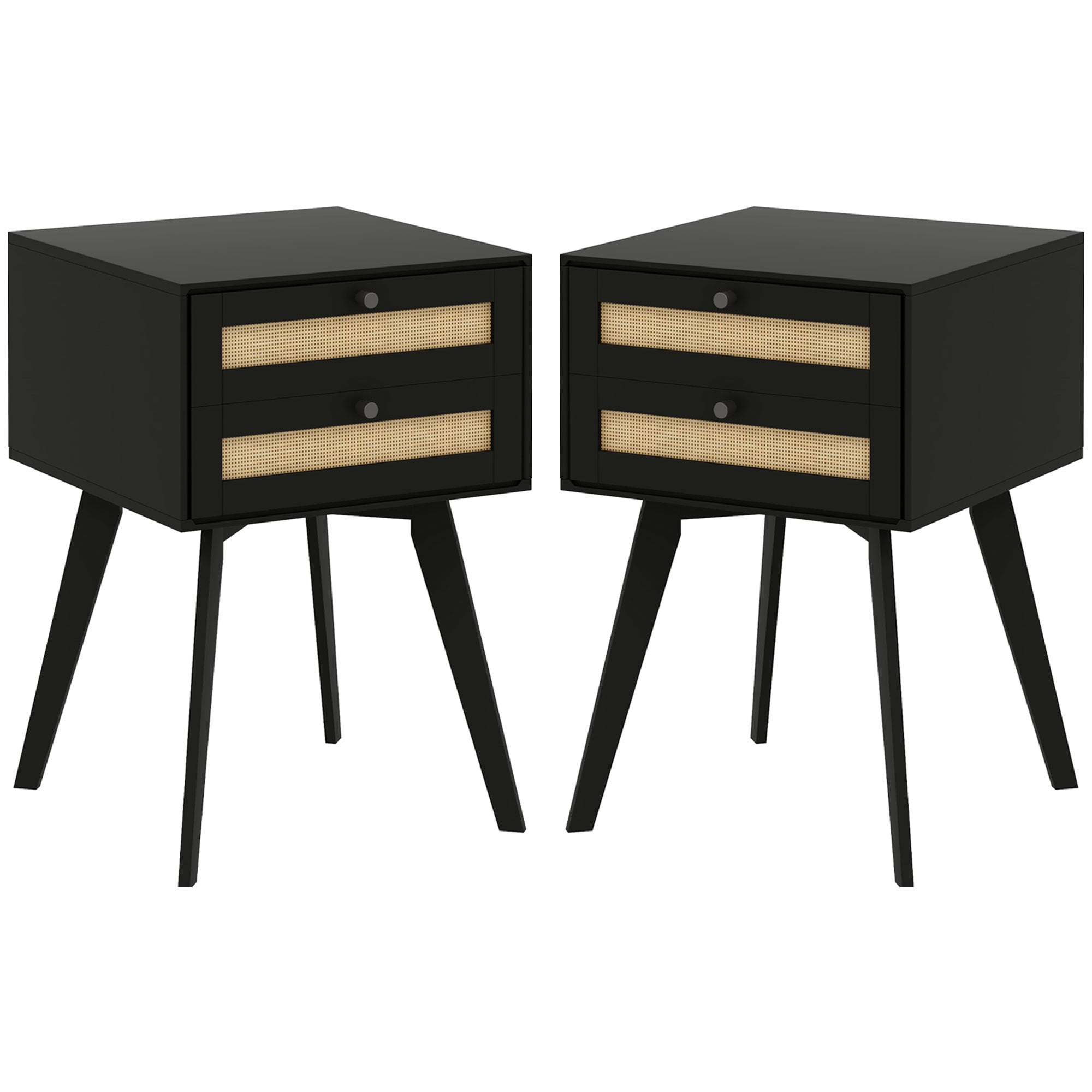 Boho Night Stands Set of 2, Bedside Tables with 2 Rattan Drawers, Square End Tables for Bedroom, Living Room Bedside Tables Black  at Gallery Canada