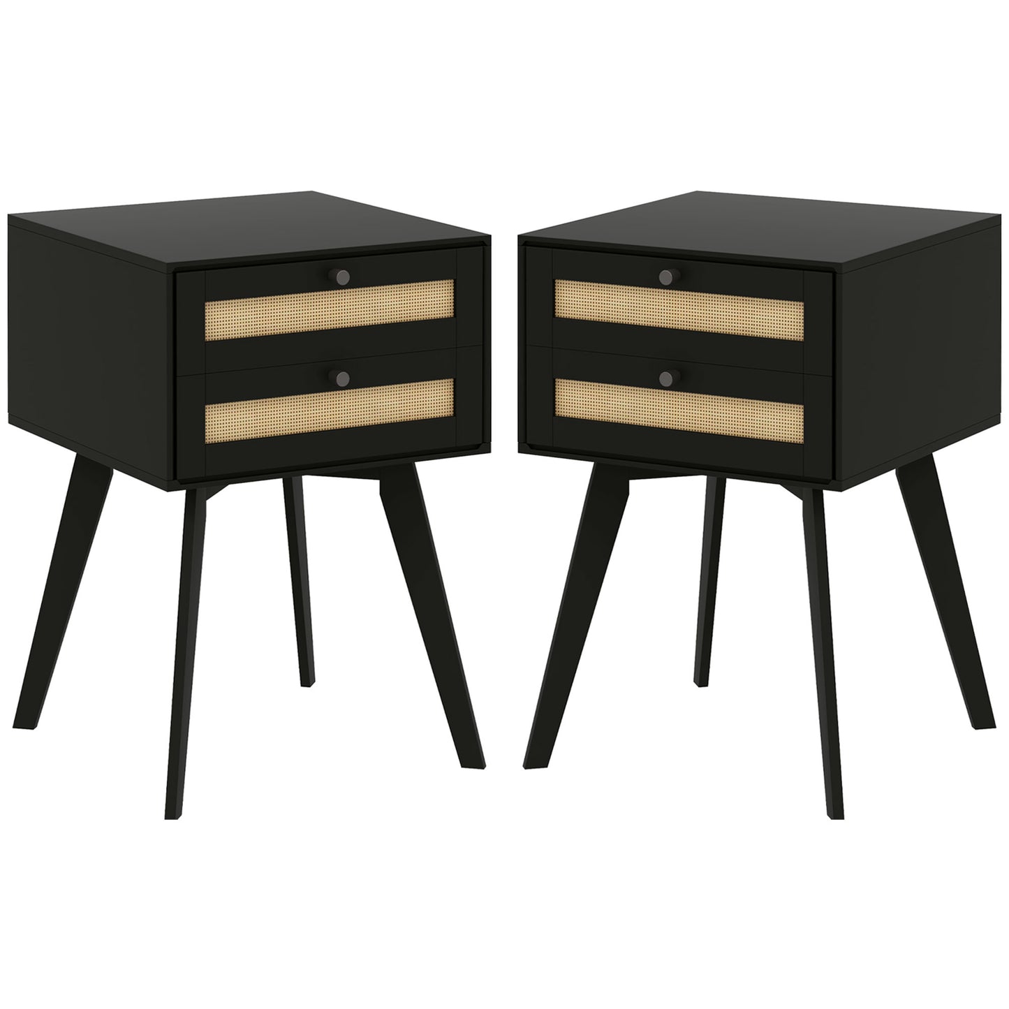 Boho Night Stands Set of 2, Bedside Tables with 2 Rattan Drawers, Square End Tables for Bedroom, Living Room Bedside Tables Black  at Gallery Canada