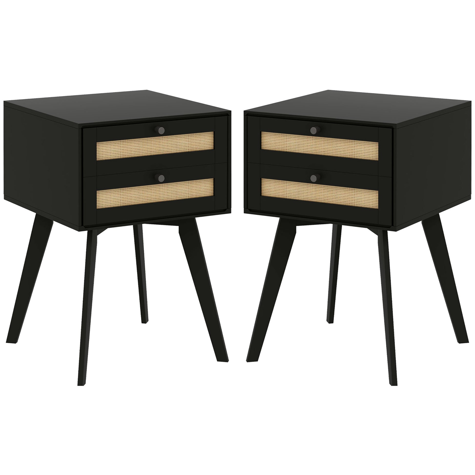 Boho Night Stands Set of 2, Bedside Tables with 2 Rattan Drawers, Square End Tables for Bedroom, Living Room Bedside Tables Black  at Gallery Canada