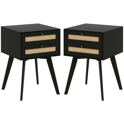 Boho Night Stands Set of 2, Bedside Tables with 2 Rattan Drawers, Square End Tables for Bedroom, Living Room Bedside Tables Black  at Gallery Canada