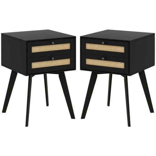 Boho Night Stands Set of 2, Bedside Tables with 2 Rattan Drawers, Square End Tables for Bedroom, Living Room