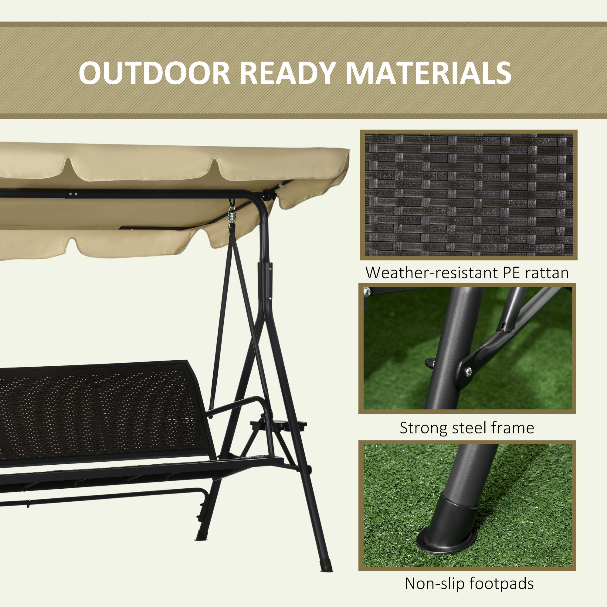 Outdoor 3-Seat Porch Swing with Canopy, Rattan Seat, Removable Cushion, Pillows and Steel Frame Patio Swings with Stand   at Gallery Canada