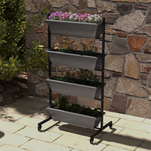 4-Tier Vertical Raised Garden Planter with 4 Boxes, Wheels, Outdoor Plant Stand for Vegetable Flowers, Brown