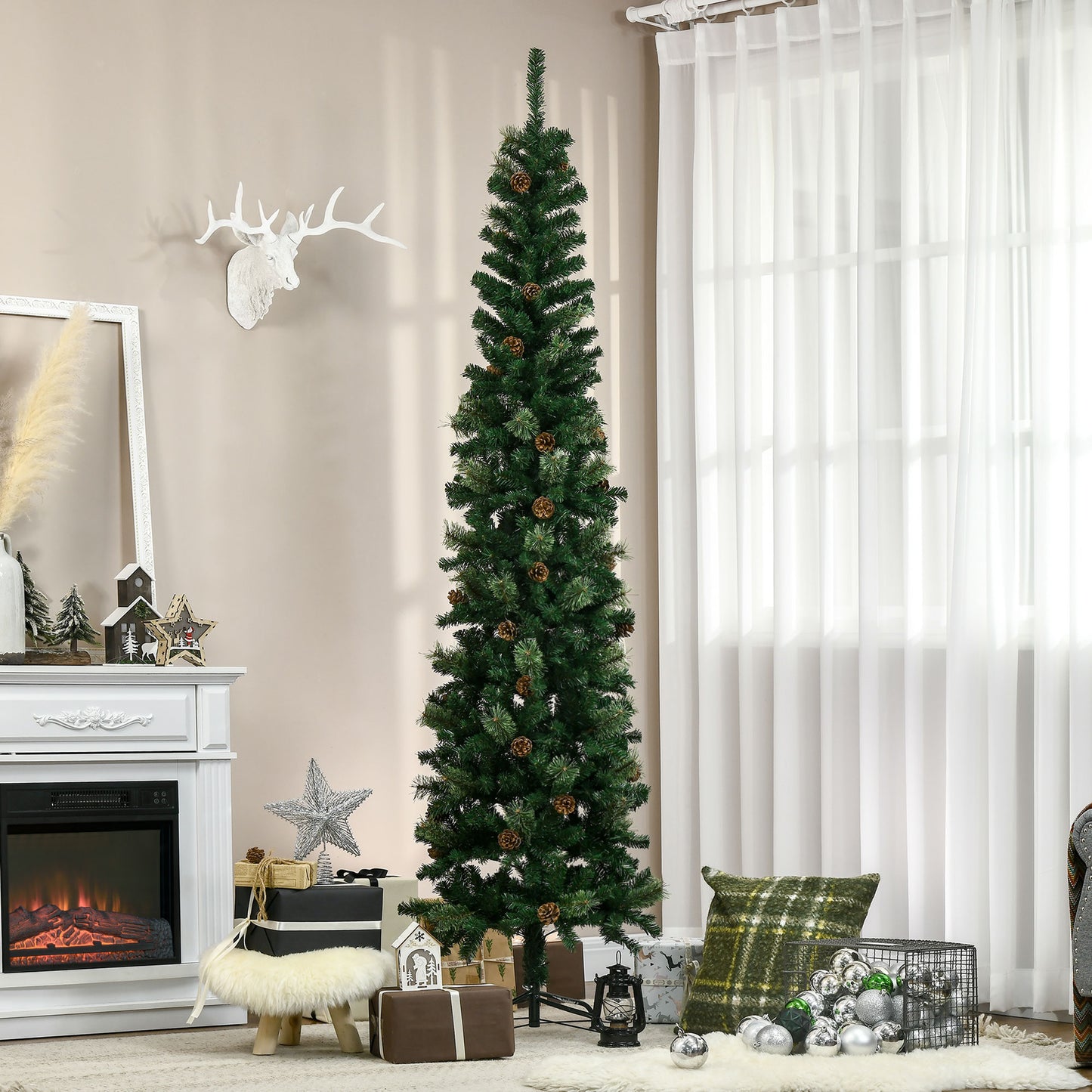 7.5ft Pencil Christmas Tree, Artificial Christmas with Pine Needles, Realistic Branches, Pine Cones, Metal Base, Green Pencil Christmas Trees   at Gallery Canada