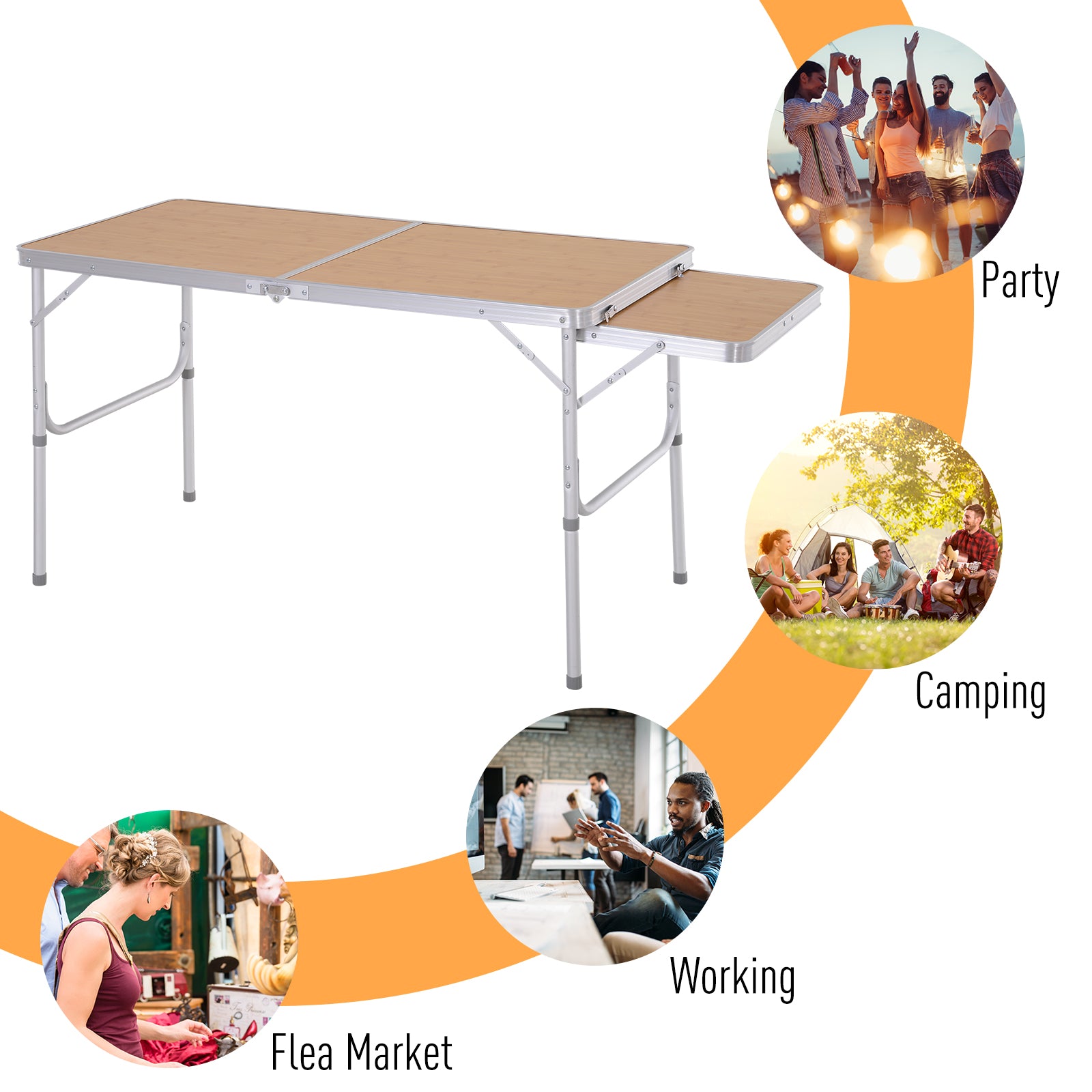 Portable 4ft Aluminum Folding Picnic Table with Slide Shelf, Adjustable Height, Lightweight for Camping BBQ, Bamboo Colour Picnic Tables & Camping Chairs   at Gallery Canada