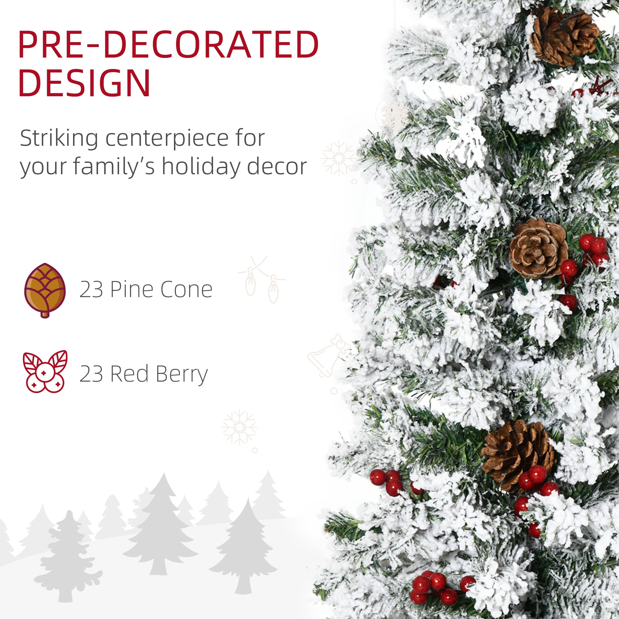 6 Foot Pencil Snow Flocked Artificial Christmas Tree with 600 Pine Realistic Branches, Pine Cones, Red Berries, Auto Open, Green Pencil Christmas Trees   at Gallery Canada