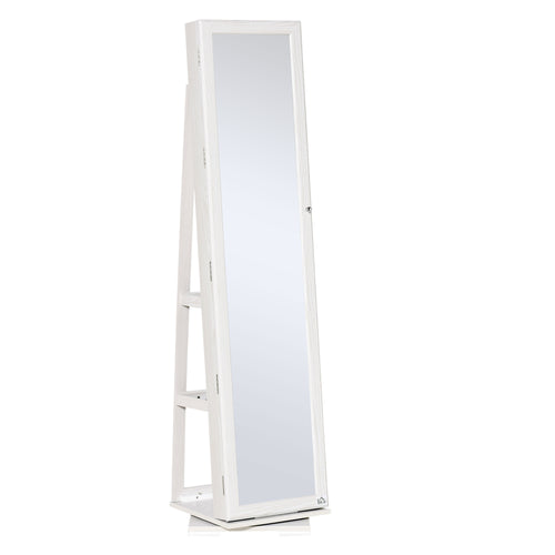 360° Swivel Jewelry Cabinet, Mirror Armoire, Full Length Mirror, Lockable Jewelry Organizer with Built-In Small Mirror, White