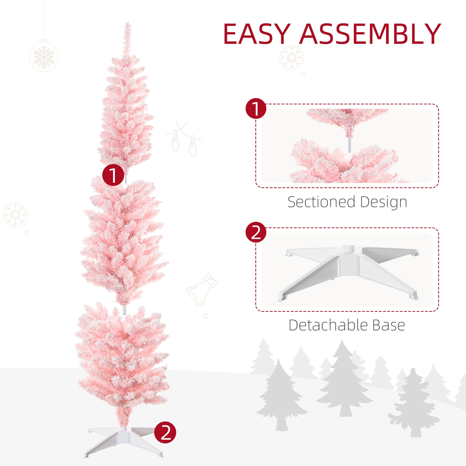 6' Flocked Christmas Trees, Pencil Prelit Artificial Christmas Tree with Snow Branches, Pink Pencil Christmas Trees   at Gallery Canada